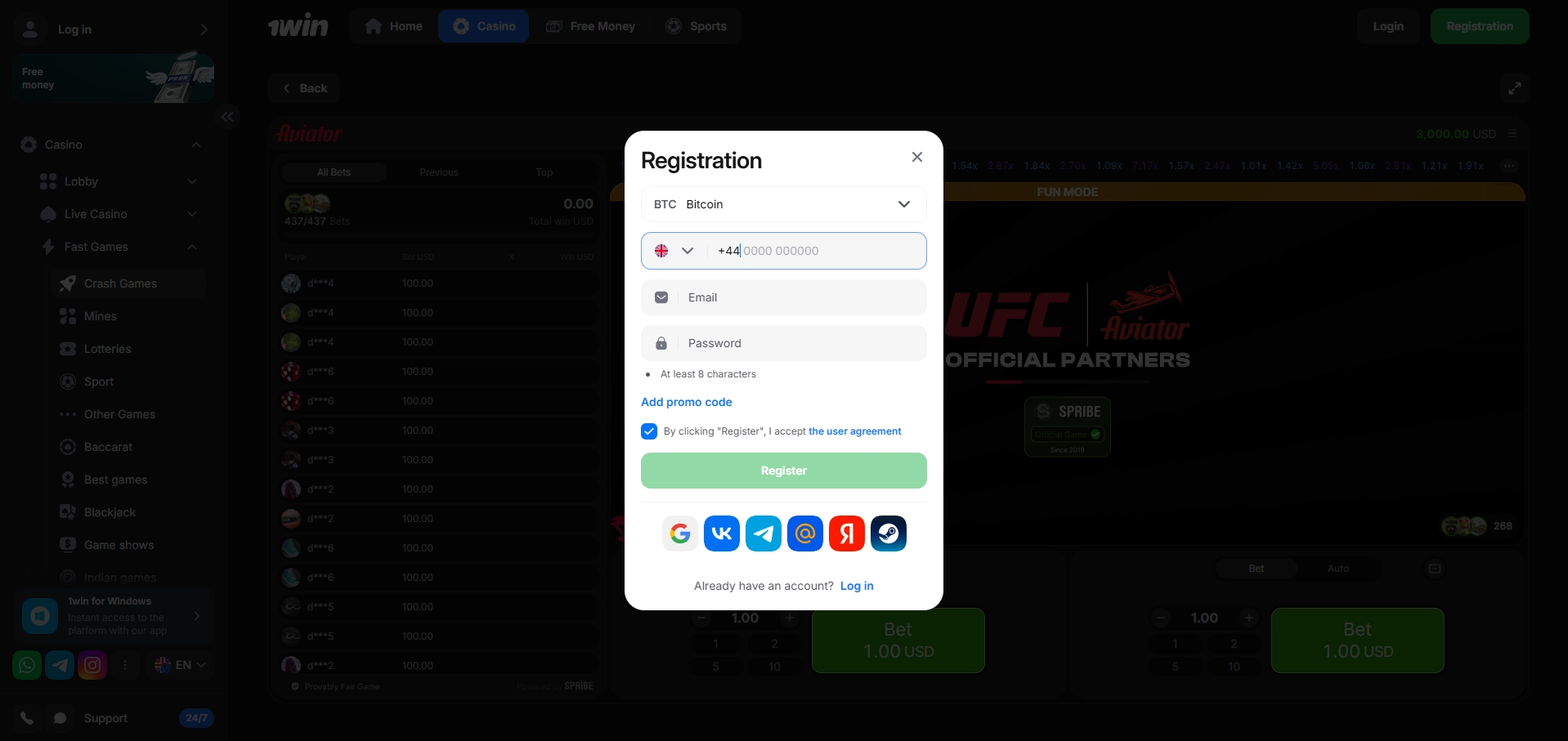 1Win registration form with currency selection and personal info fields.