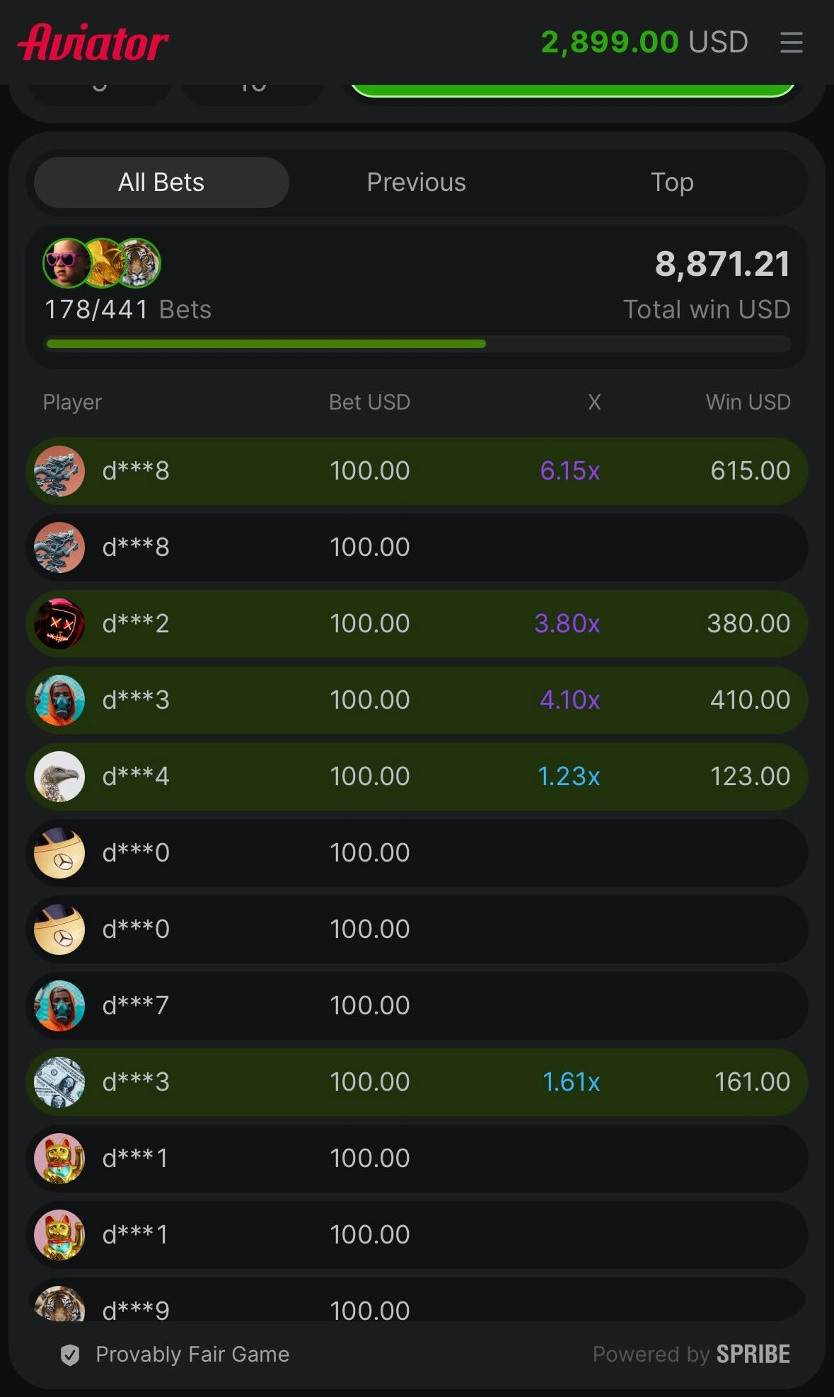Aviator mobile version all bets tab showing players active wagers.