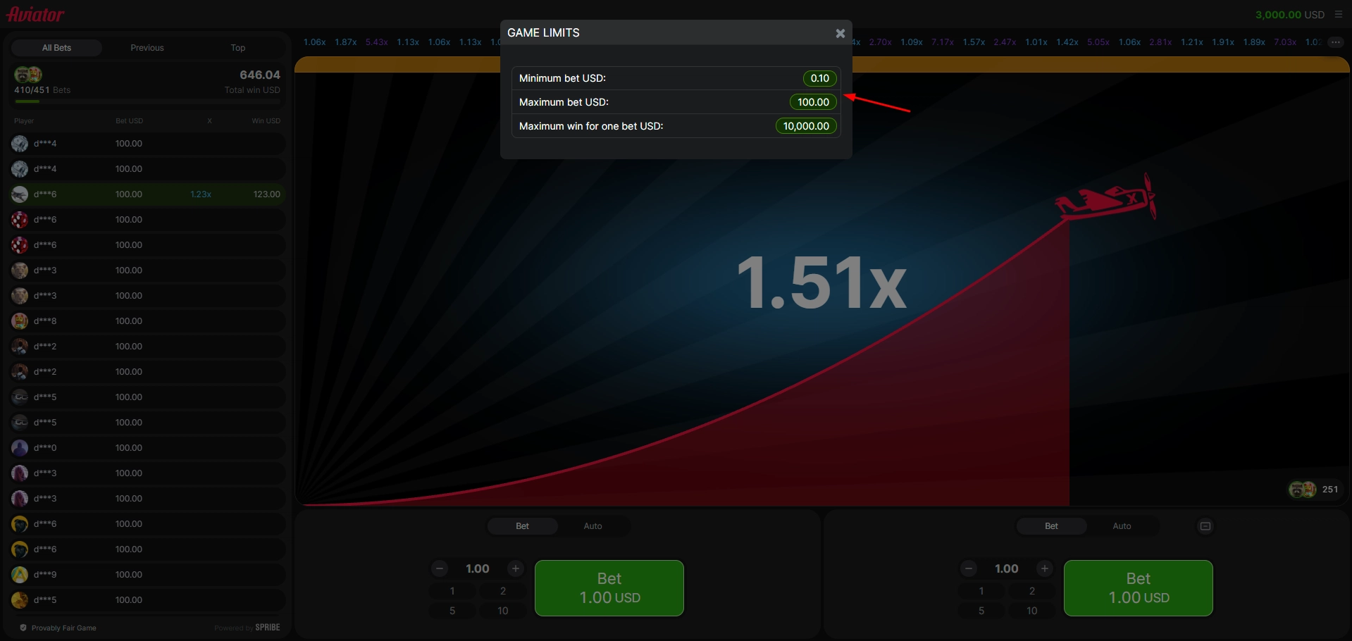 Spribe Aviator betting limits showing minimum and maximum bet amounts.