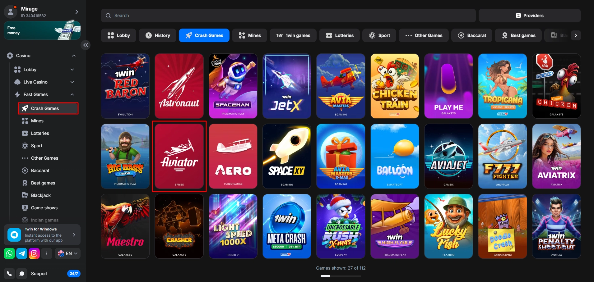 Spribe Aviator game listed in 1Win casino crash game section.
