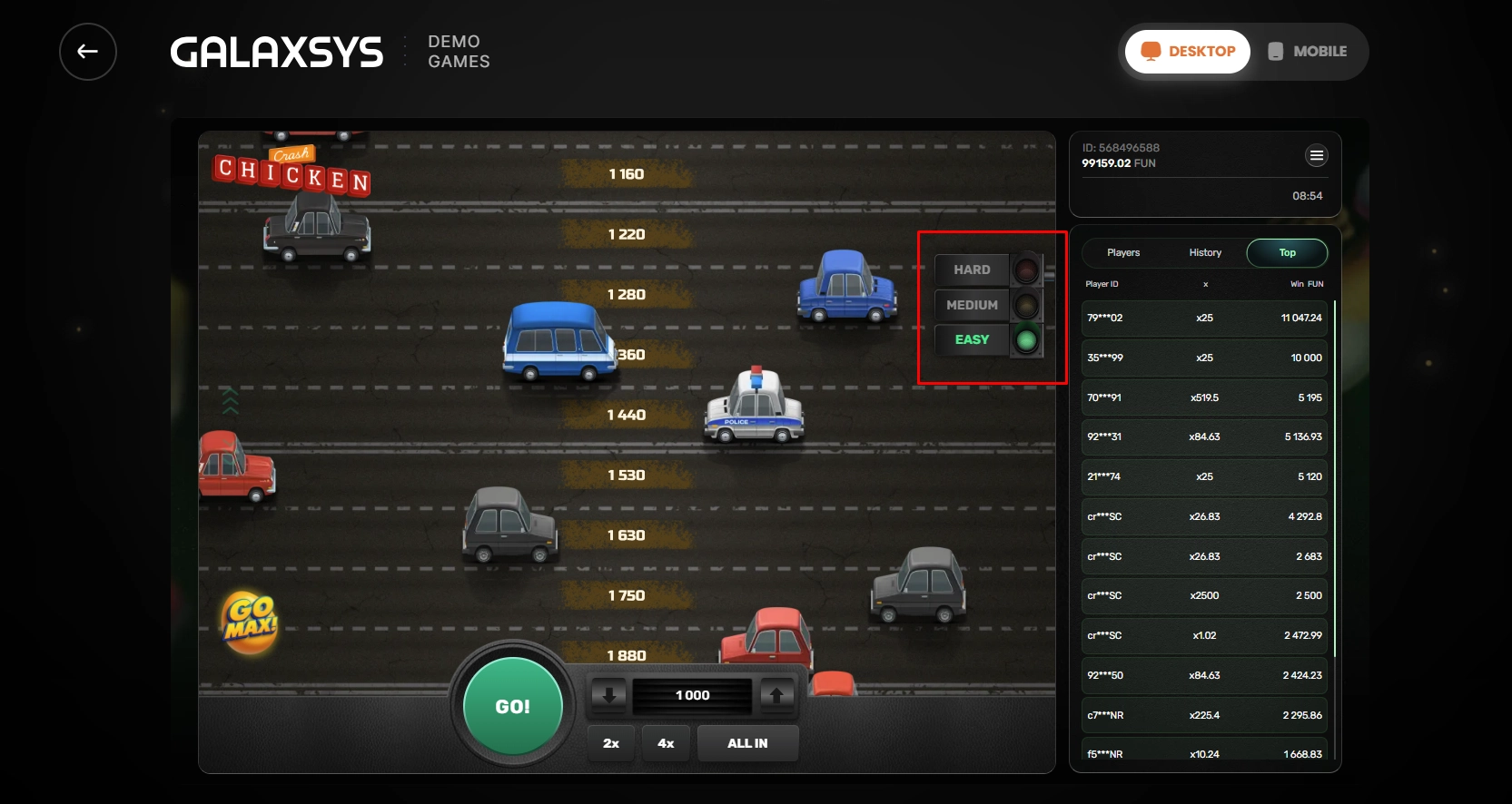 Displaying the different game modes available to players in Chicken Crash.