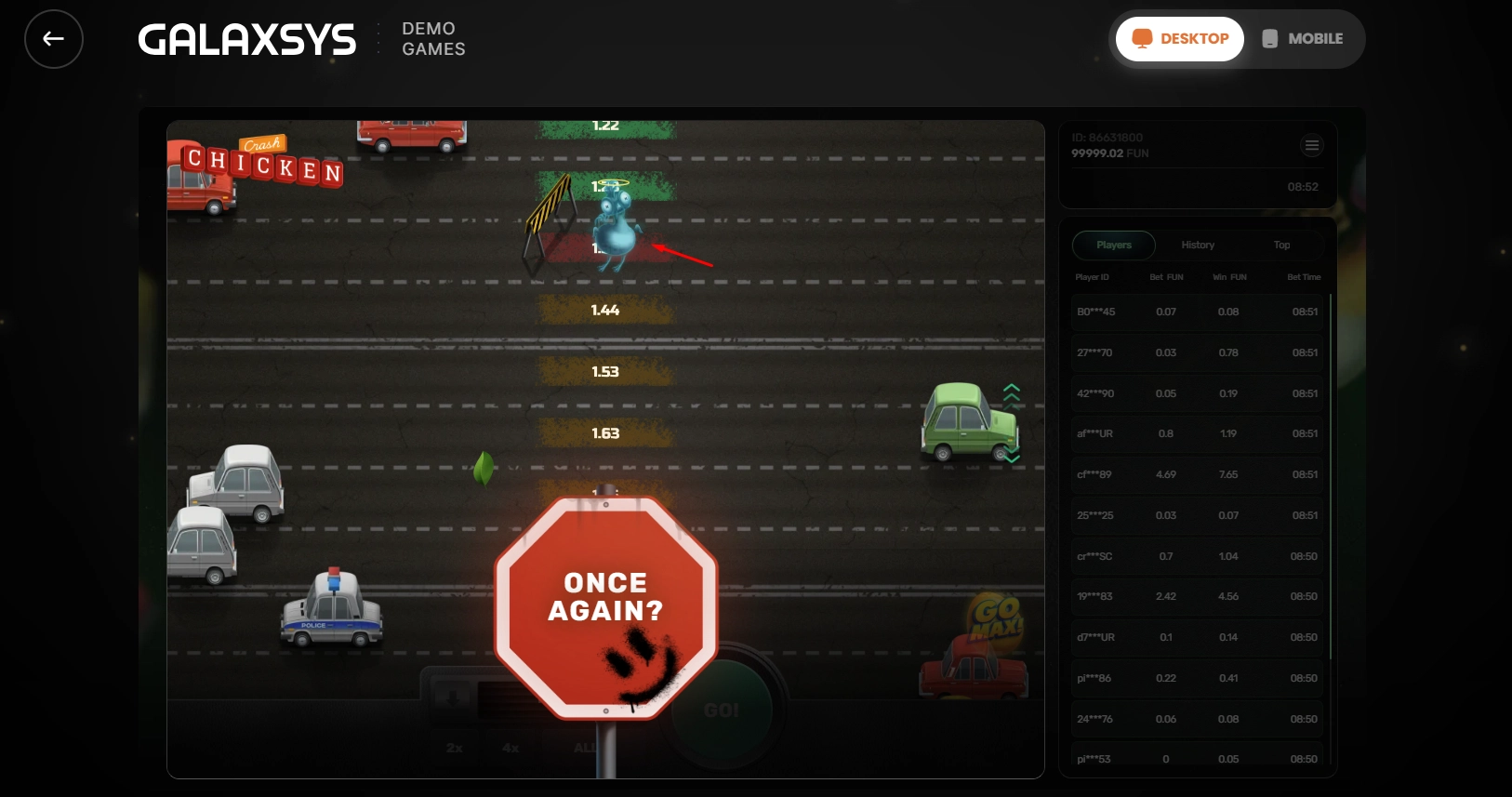 Visual representation of a game round ending in a collision loss scenario.