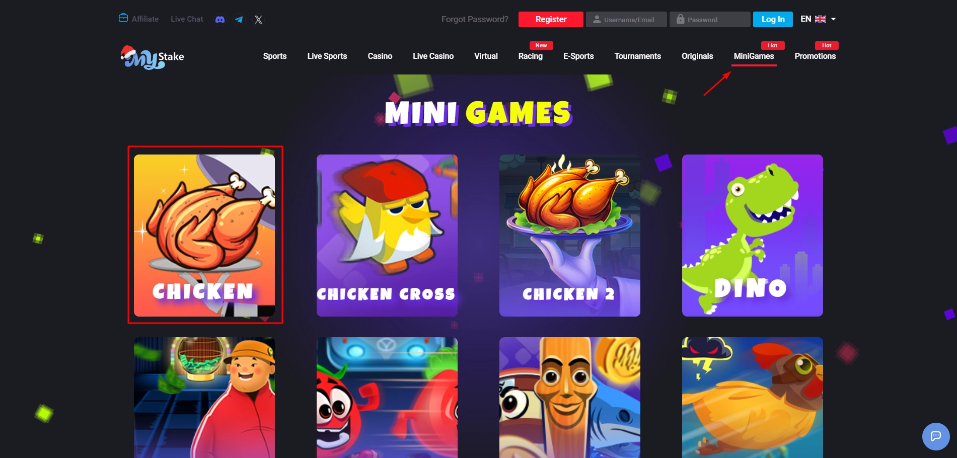 Chicken crash game located within the mini games category of MyStake website.