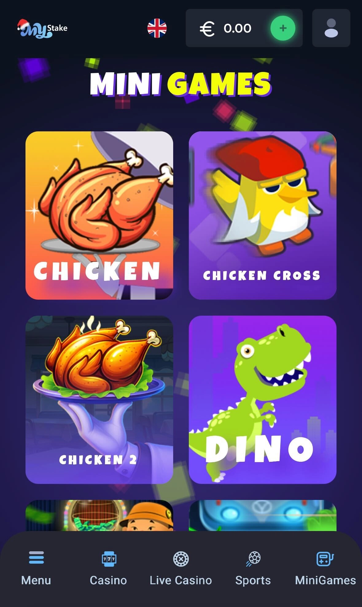 Smartphone view of MyStake casino mini game page featuring the Chicken title.