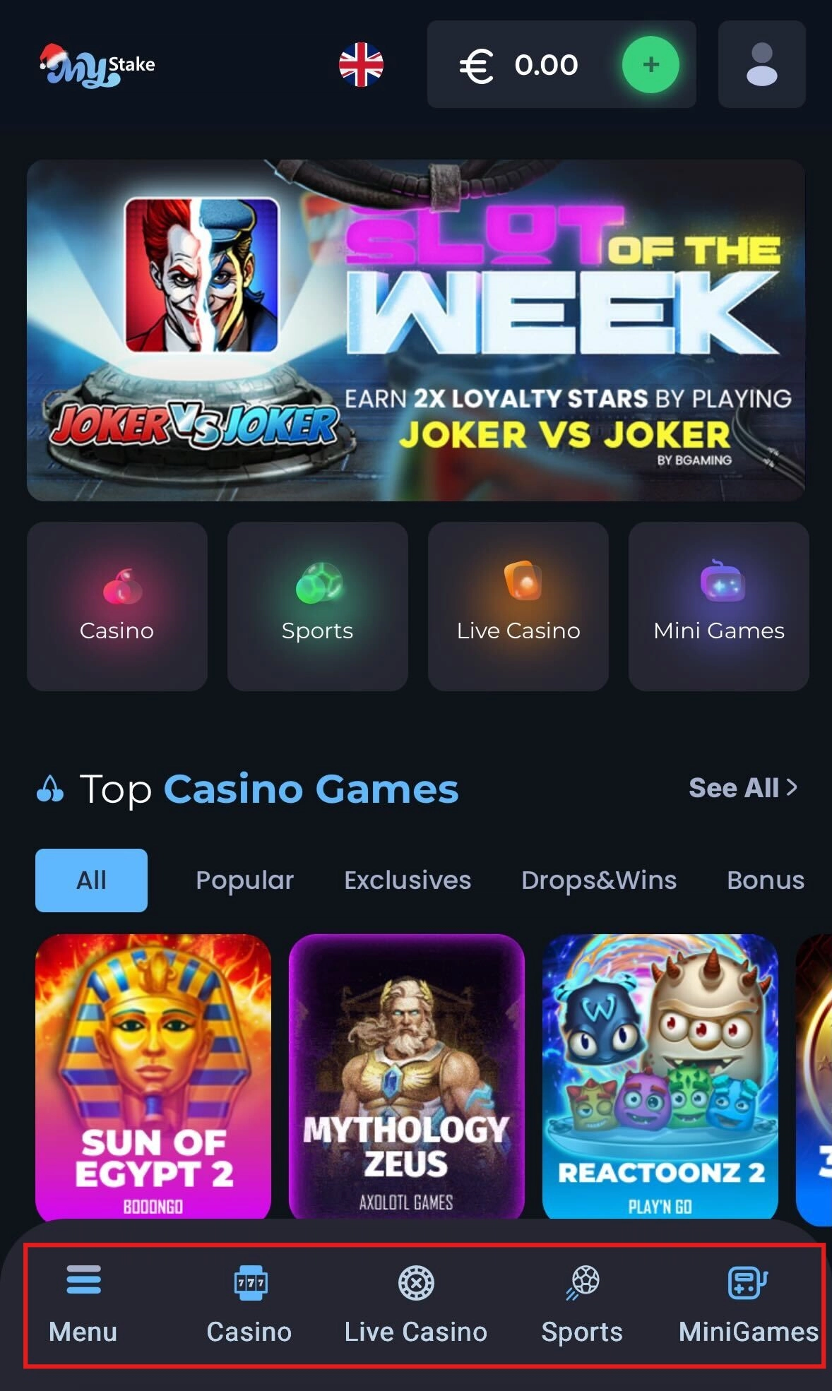 Mobile version of MyStake casino website interface showing various game category tabs.