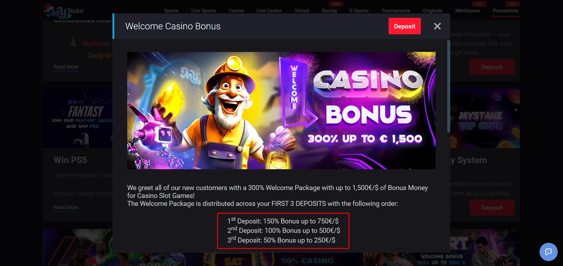 Visual breakdown of MyStake casino welcome bonus across first three deposit offers.