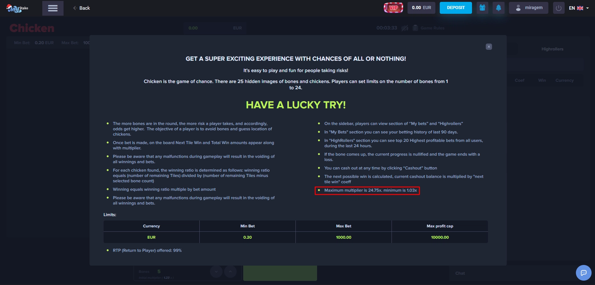 Official MyStake Chicken game rules page showing maximum and minimum multiplier limits.