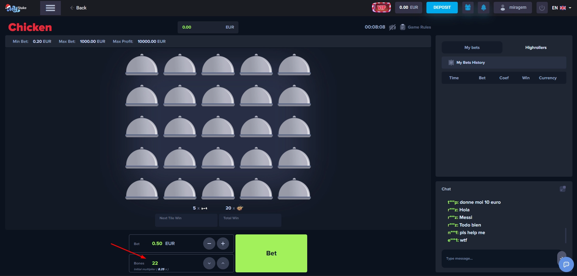 Screenshot of MyStake Chicken hard difficulty with twenty-two bones and low wager.