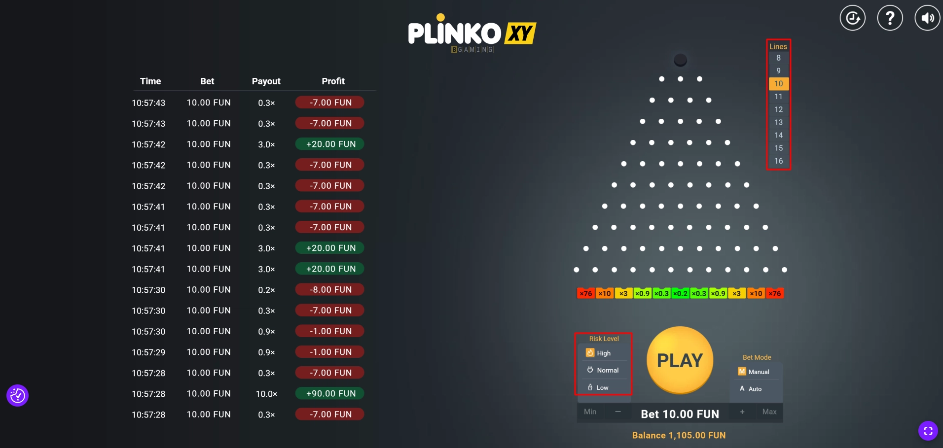 Plinko XY by BGaming gameplay showing adjustable risk levels and play area.