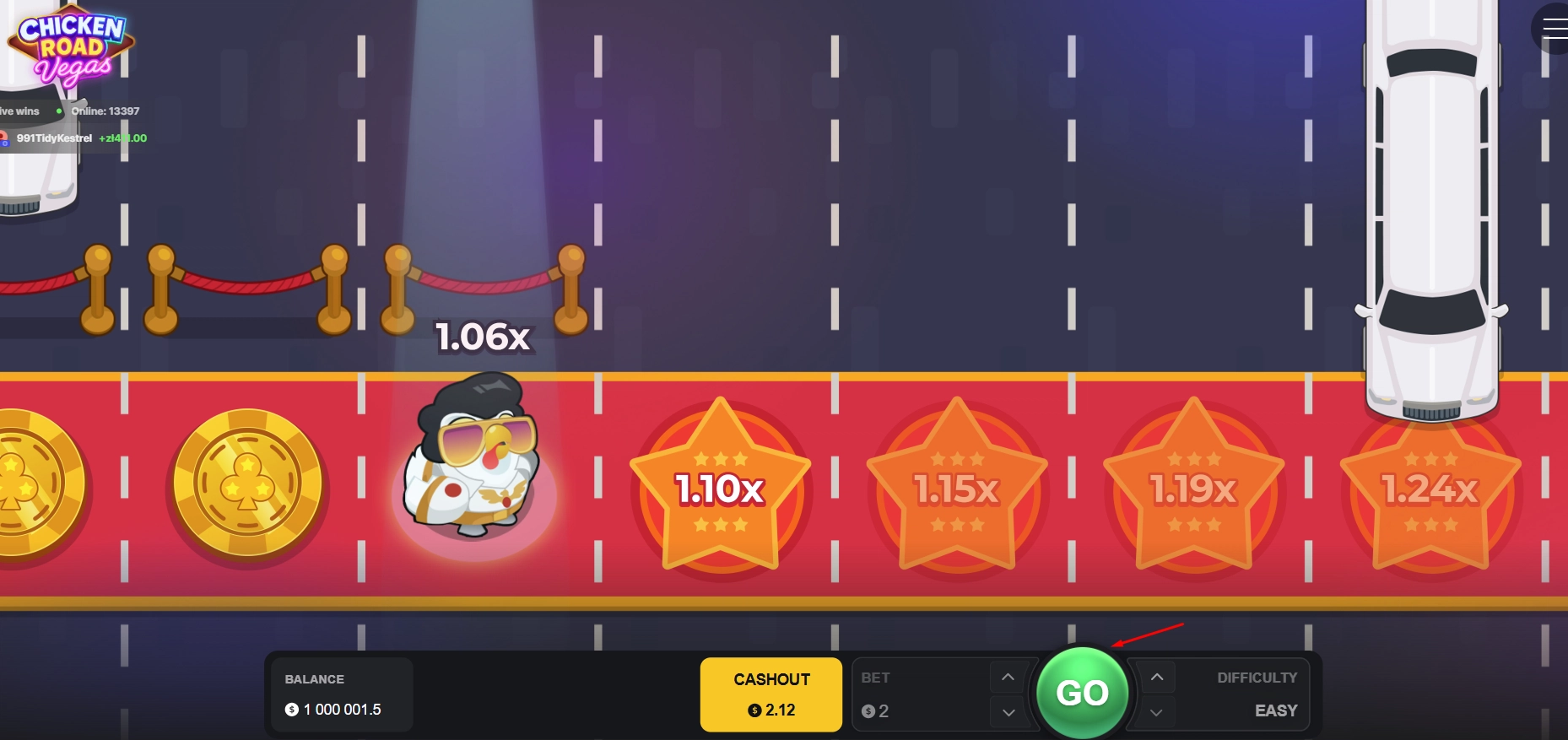 The interactive GO button used to progress the chicken through traffic lanes