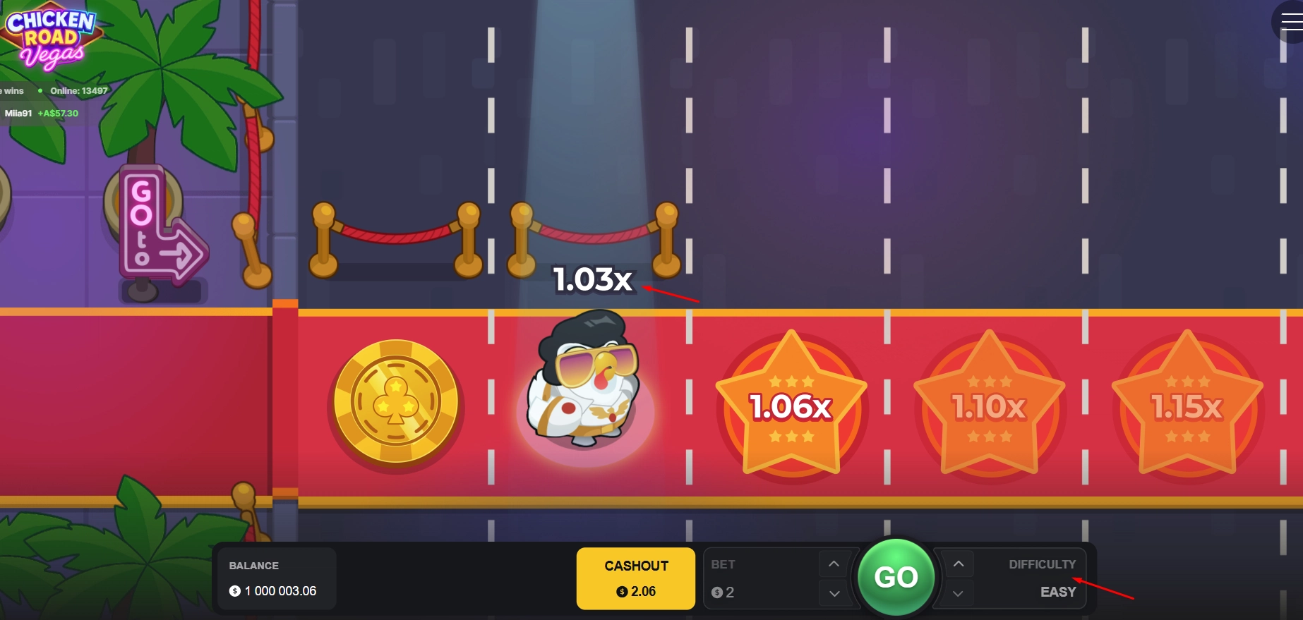 Vibrant chicken character rocking gold shades in the Vegas themed crash game