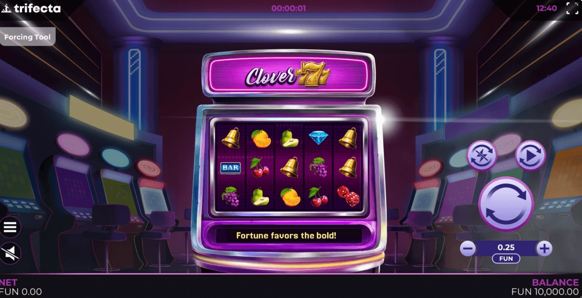 Aperçu des graphismes néon et de l'ambiance arcade de Clover 777.