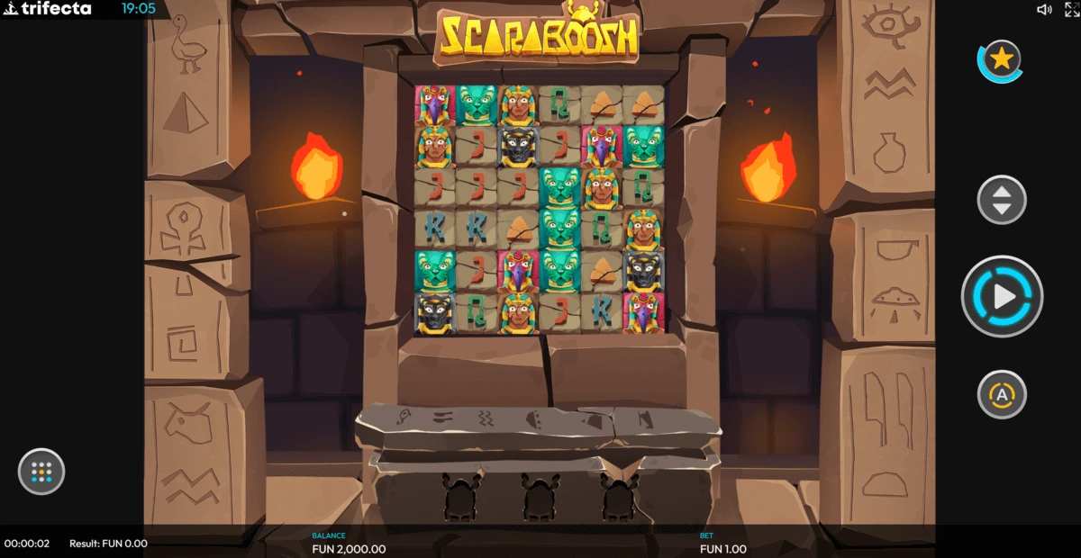 Visuel de la machine à sous Scaraboosh avec son thème égyptien cartoon.