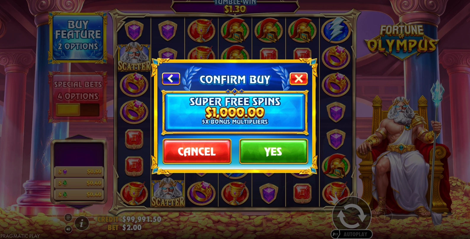 The bonus buy feature interface allowing players to purchase free spins in Fortune of Olympus.