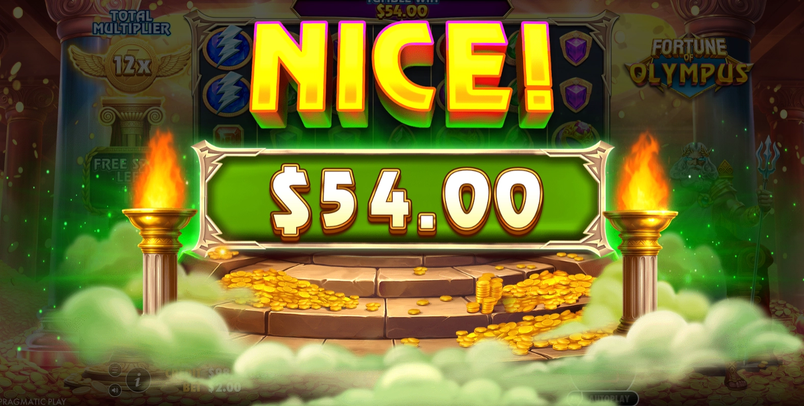 A large bonus win celebration achieved during a mobile session of Fortune of Olympus.