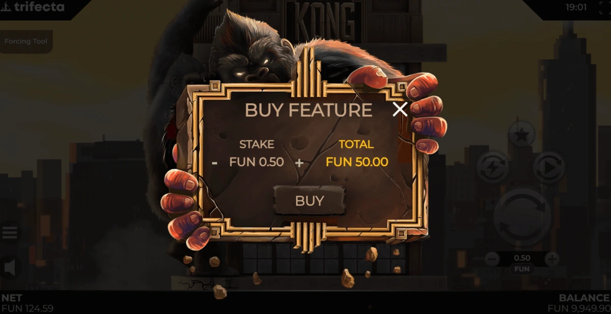 Fonctionnalité d'achat de bonus sur la machine à sous Kong.