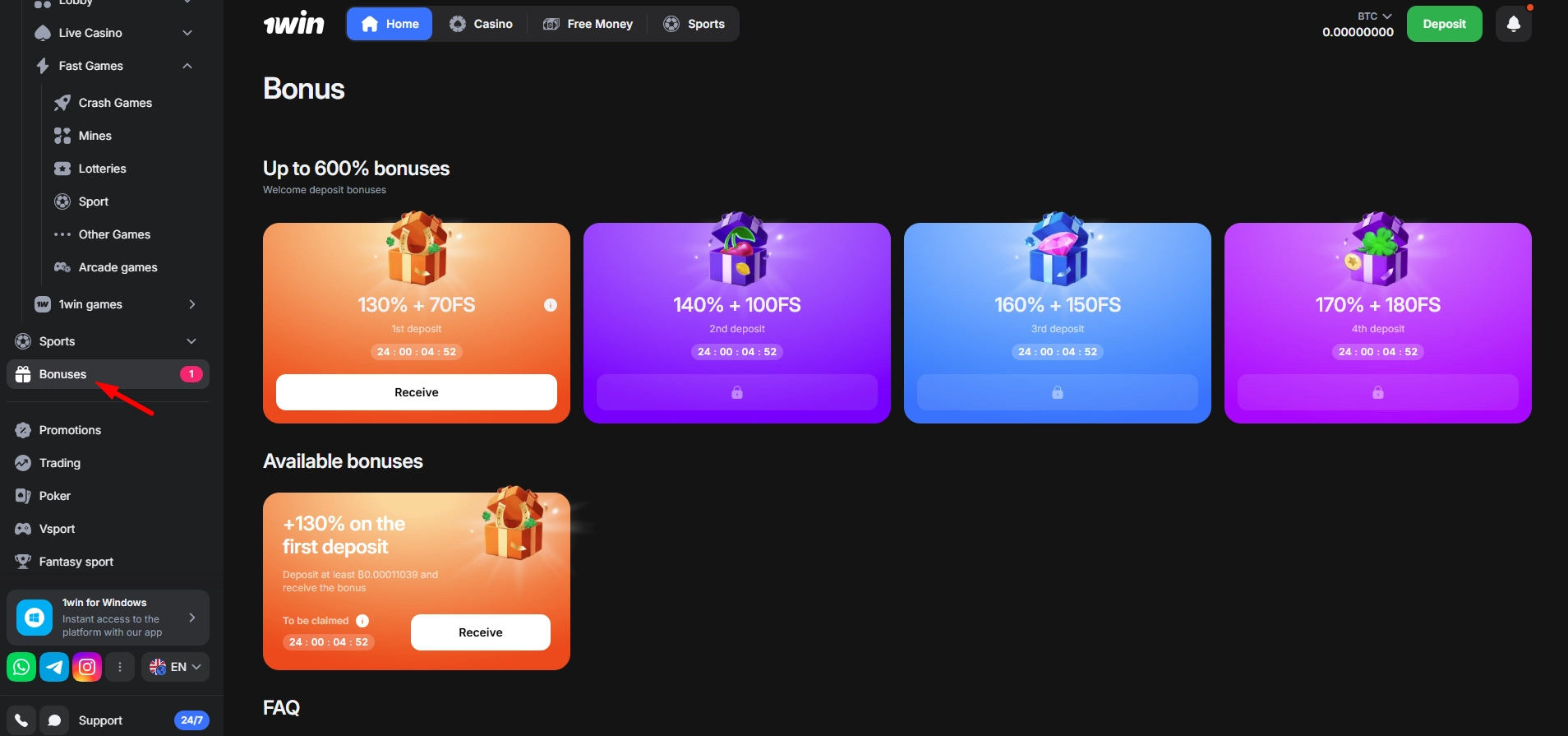 1Win casino bonuses page displaying the initial welcome deposit offers for players.