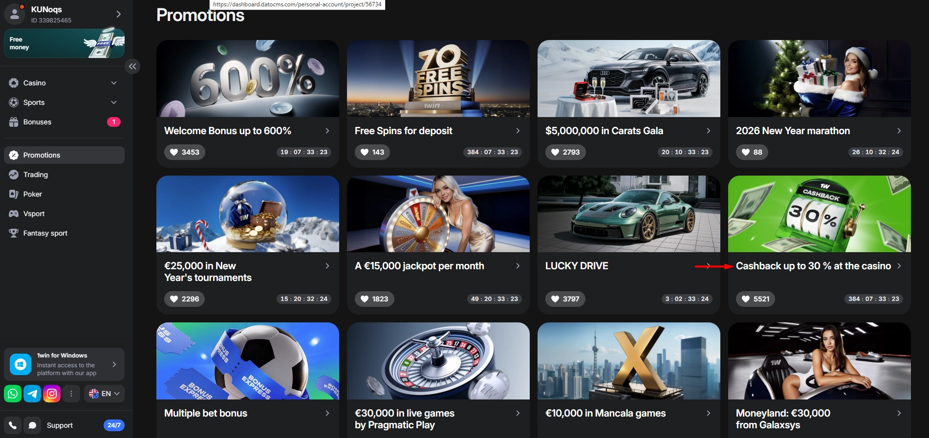 1Win casino promo page showing cashback bonus details for thirty percent weekly.