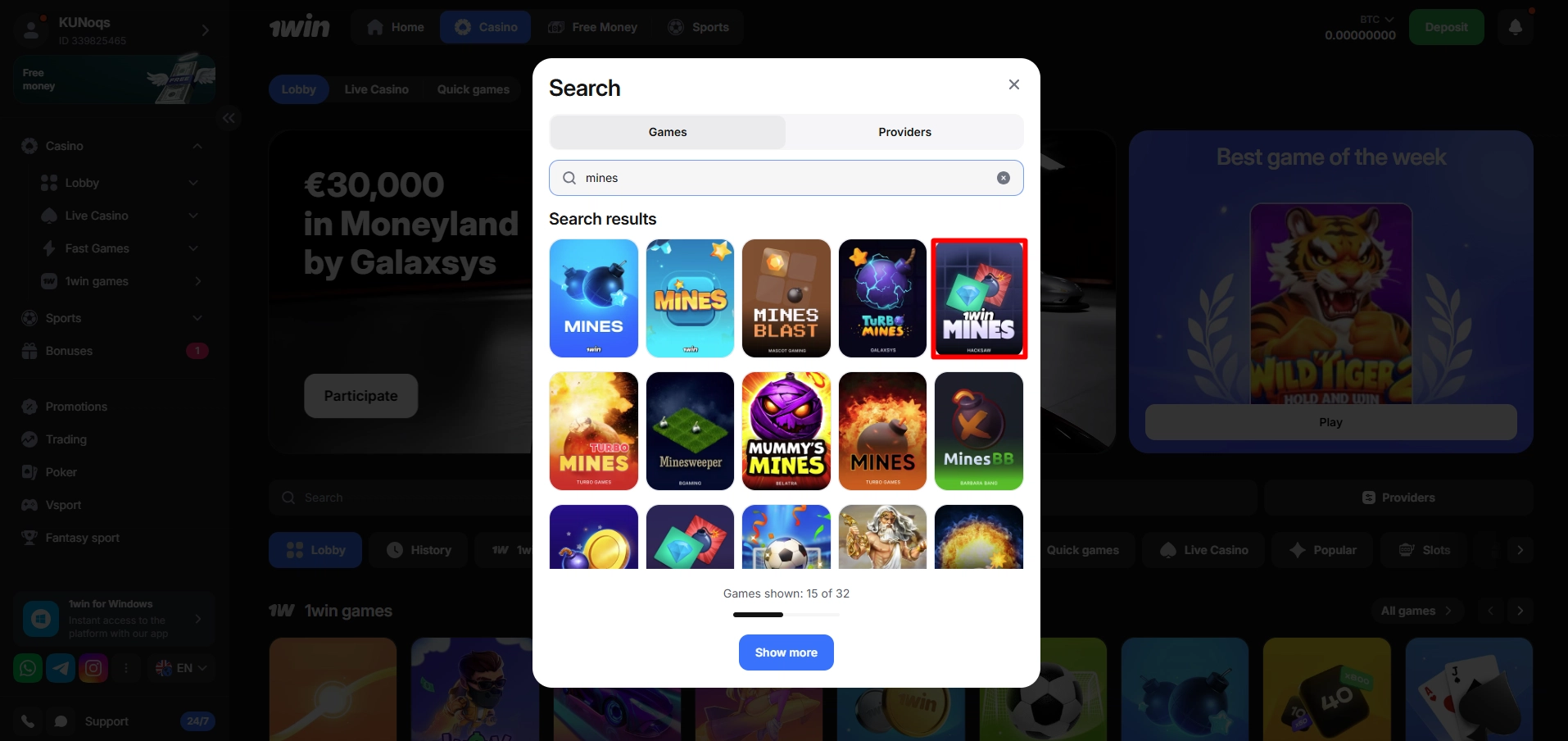 Search results appearing immediately after typing Mines into the 1Win search bar.