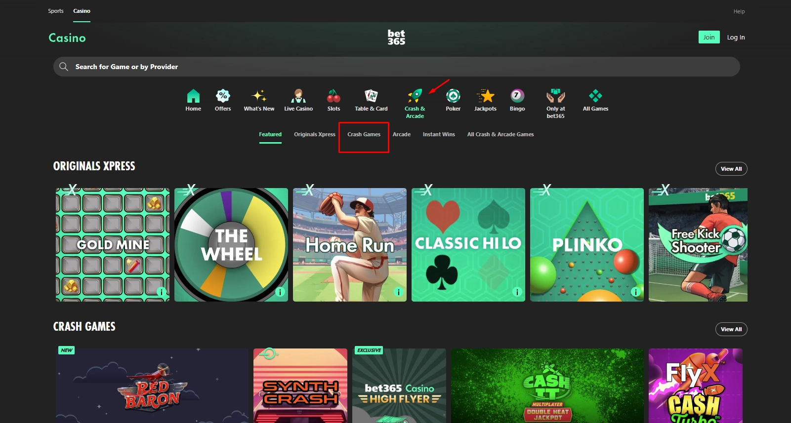 Bet365 Casino lobby showing a wide selection of crash and instant games