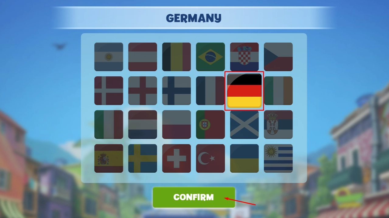 Menu screen for selecting national football teams to represent in the game