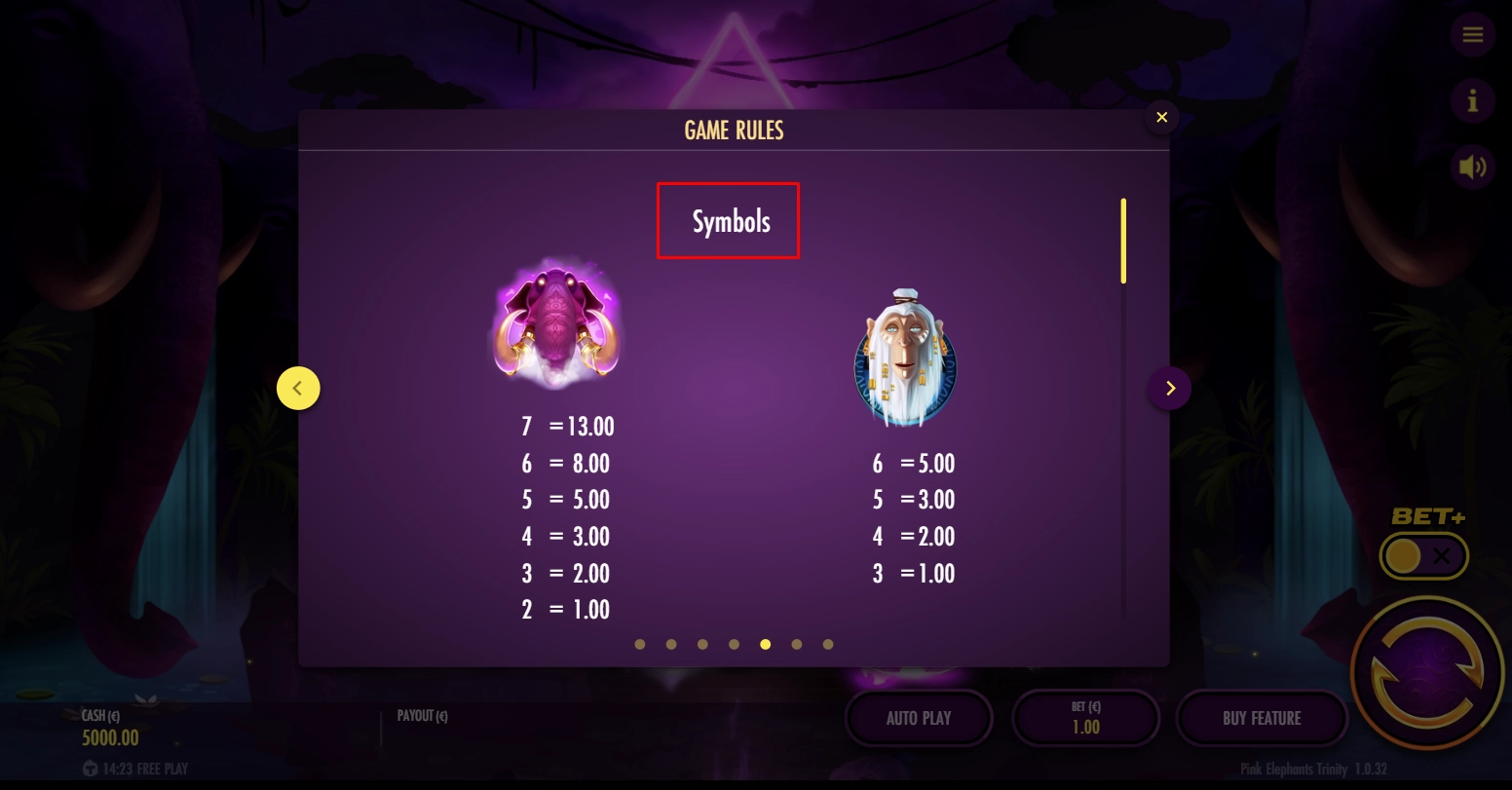 Paytable displaying high-value monkeys and pink elephant symbols with multiplier values