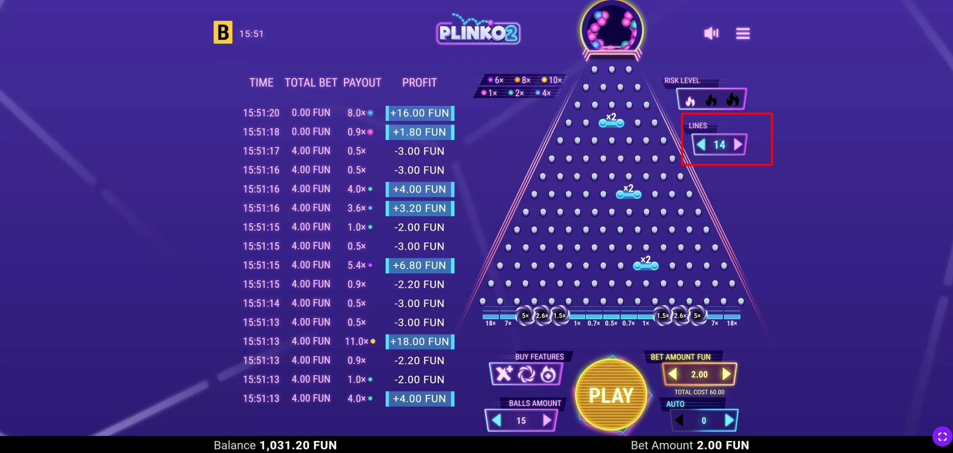 Selecting fourteen lines configuration for the next round of Plinko 2 gameplay action