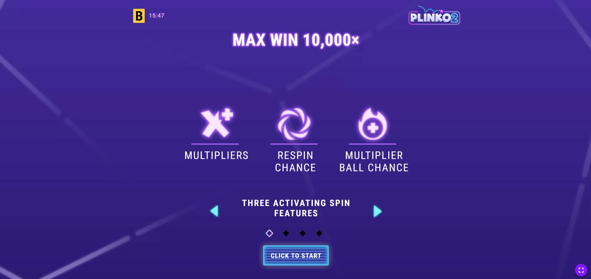 Viewing game features and max win potential on Plinko 2 startup screen at 1Win