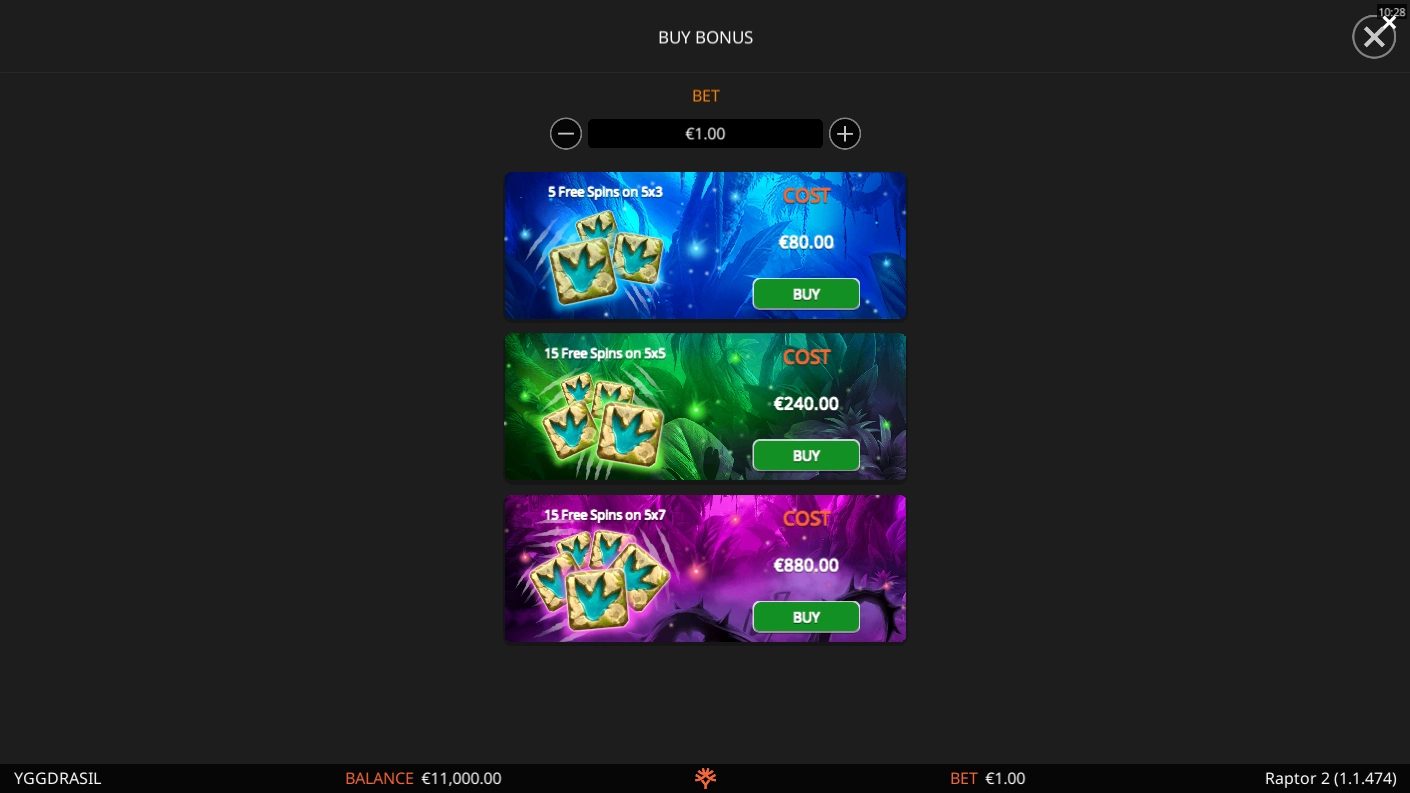 Bonus buy options and cost in Raptor 2 by Yggdrasil Gaming for players