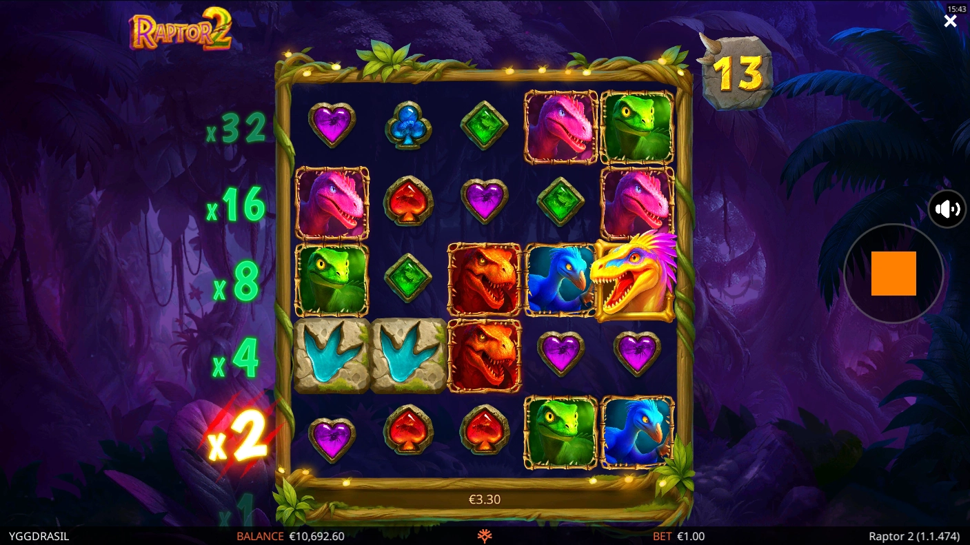 Free spins bonus round in Raptor DoubleMax 2 by Yggdrasil showing expanded reels