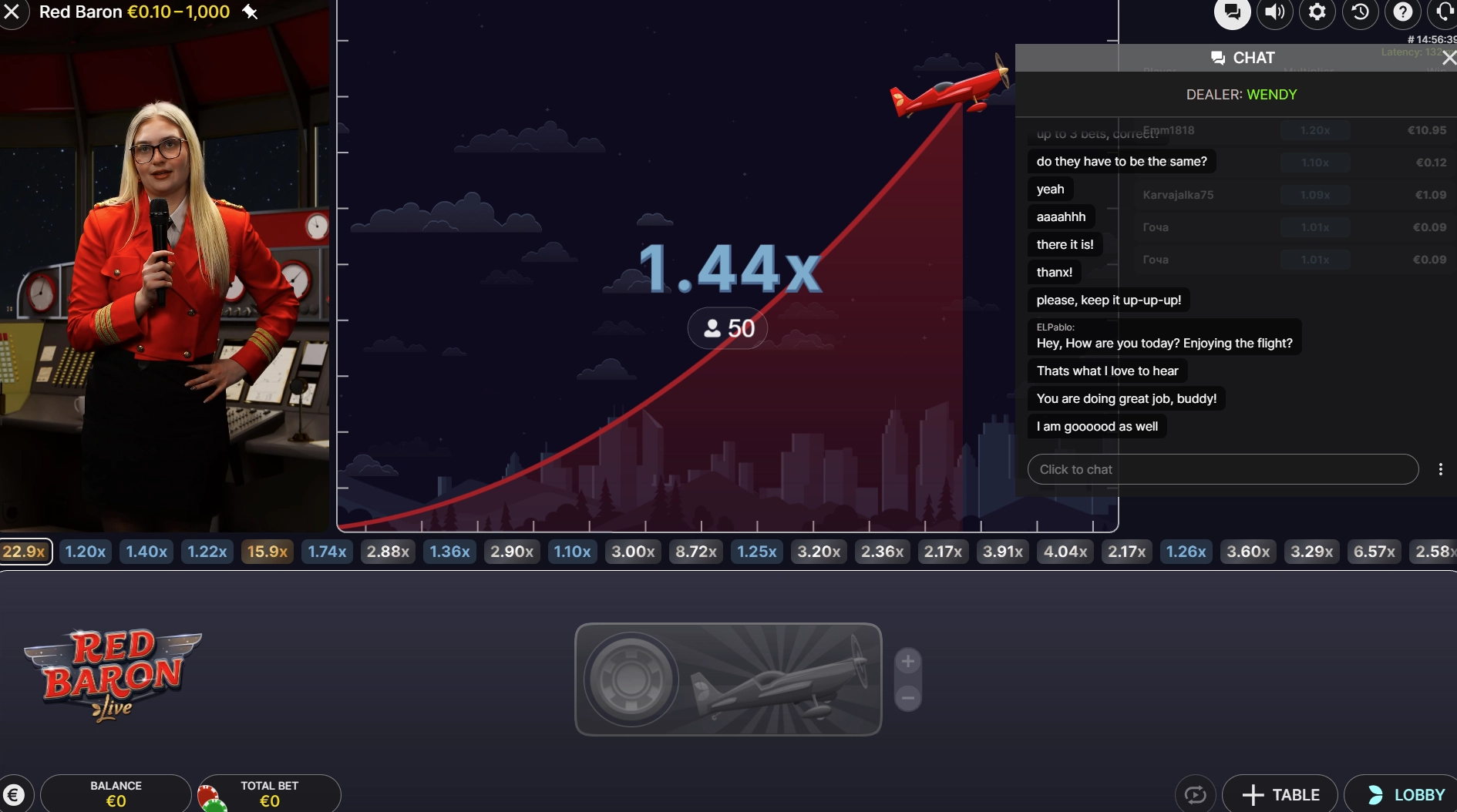 The Red Baron Live game interface highlighting the live chat feature.