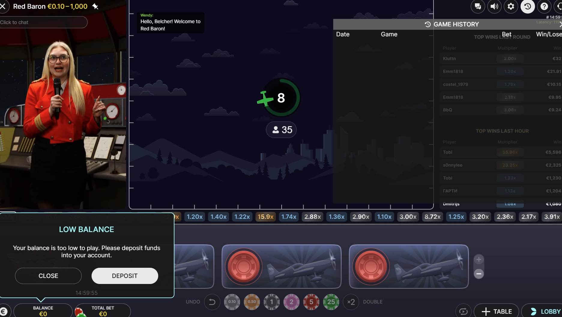 Screenshot of the detailed game history and live stats in Red Baron.