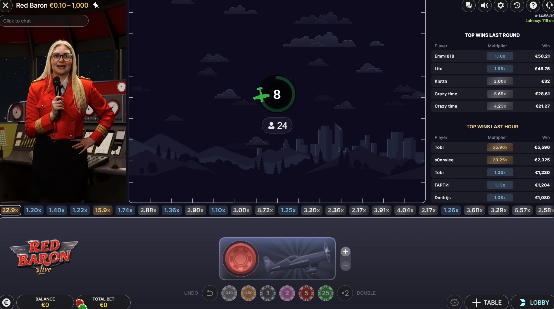 Screenshot of the Red Baron Live game overview with the presenter.