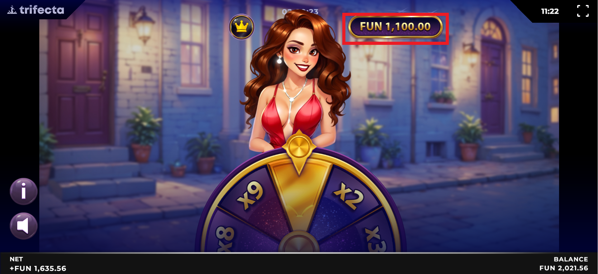 A huge win screen in Spin Dating showing a successful 1,100x multiplier payout