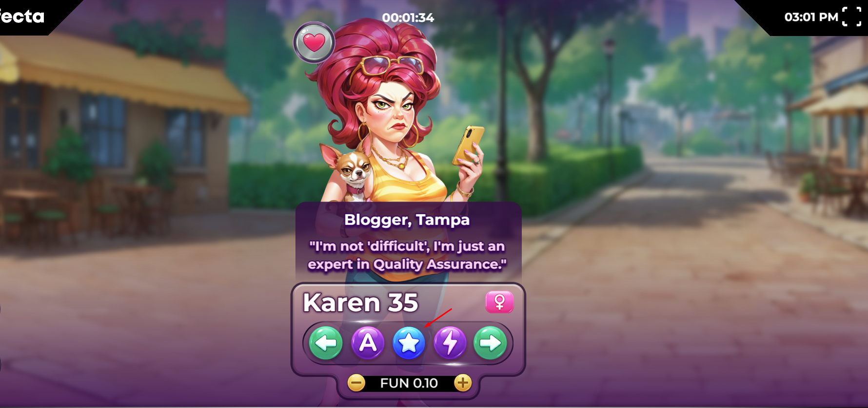 In-game view of a candidate's dating profile profile within the Spin Dating interface