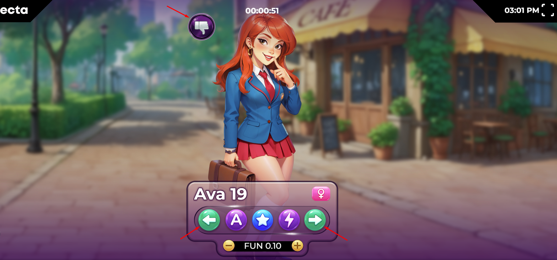 Main gameplay screen of Spin Dating showing characters in a romantic city park setting