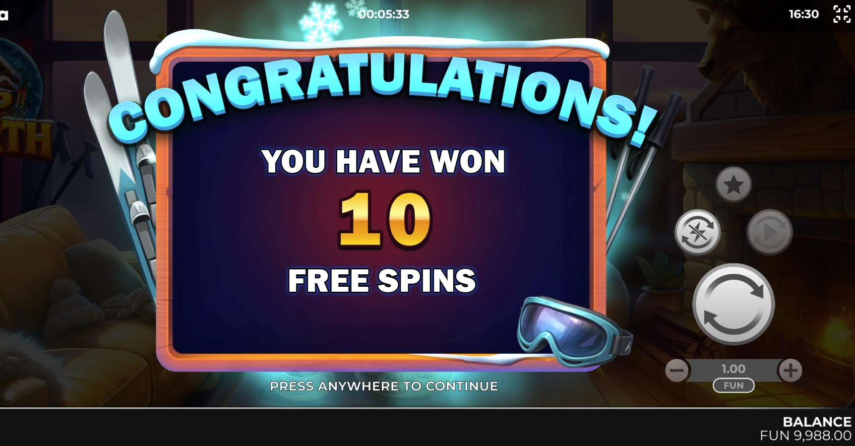 Screen showing ten free spins awarded during the Aurora Bonus Game