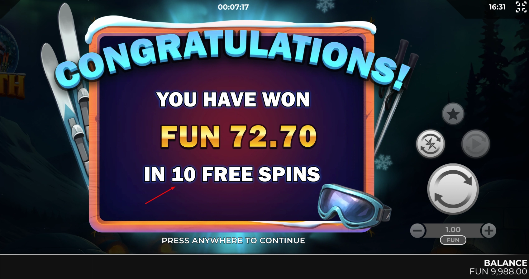 Display of the final total payout from the completed bonus round