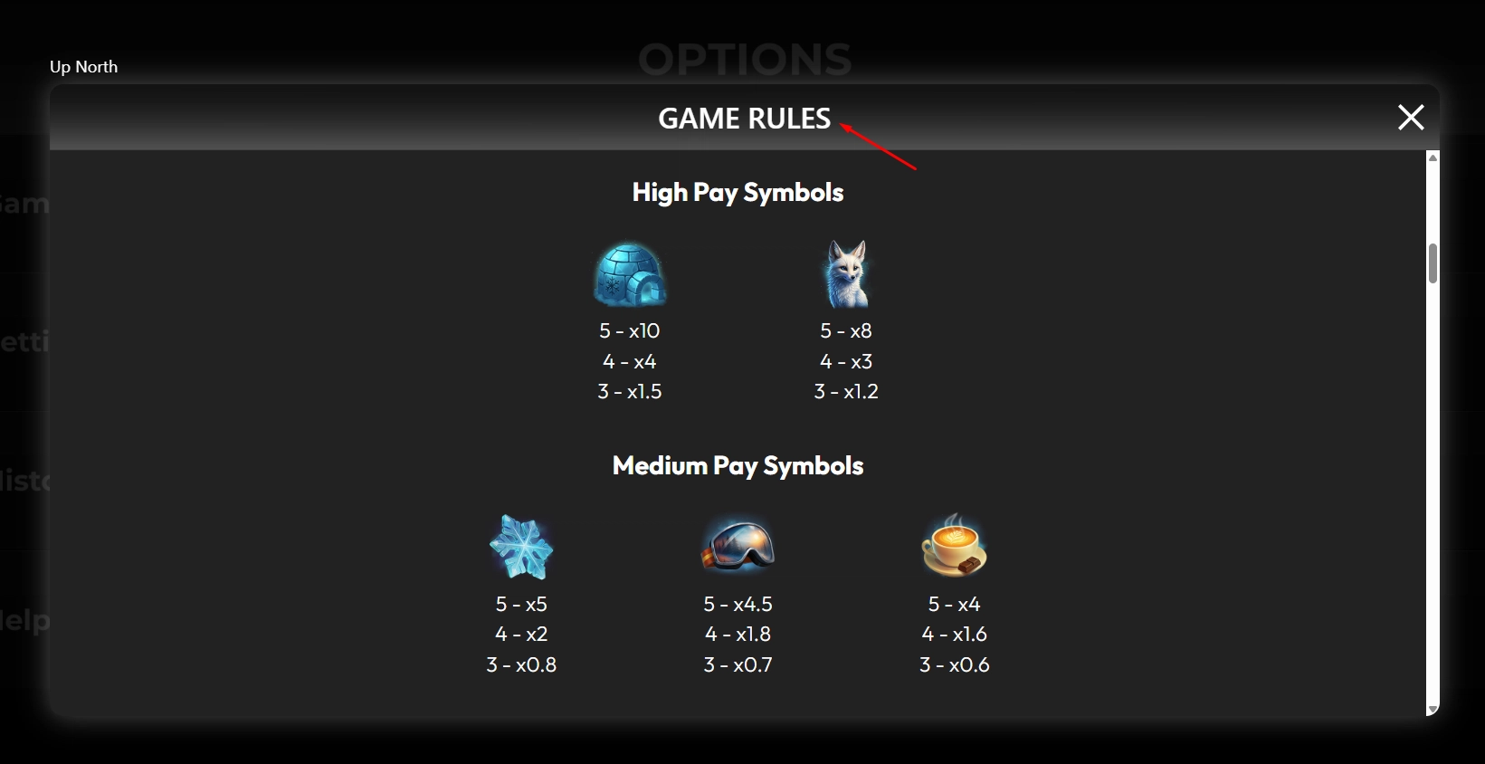 View of the high and low value symbols in the paytable